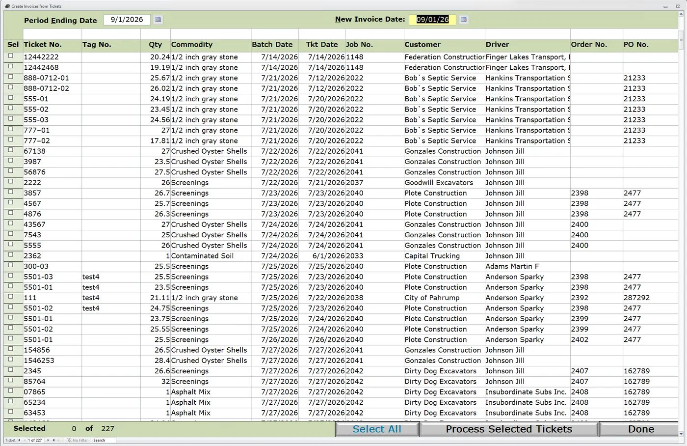 HaulWare Create Invoices from Tickets screen with tickets selected for Process Selected Tickets