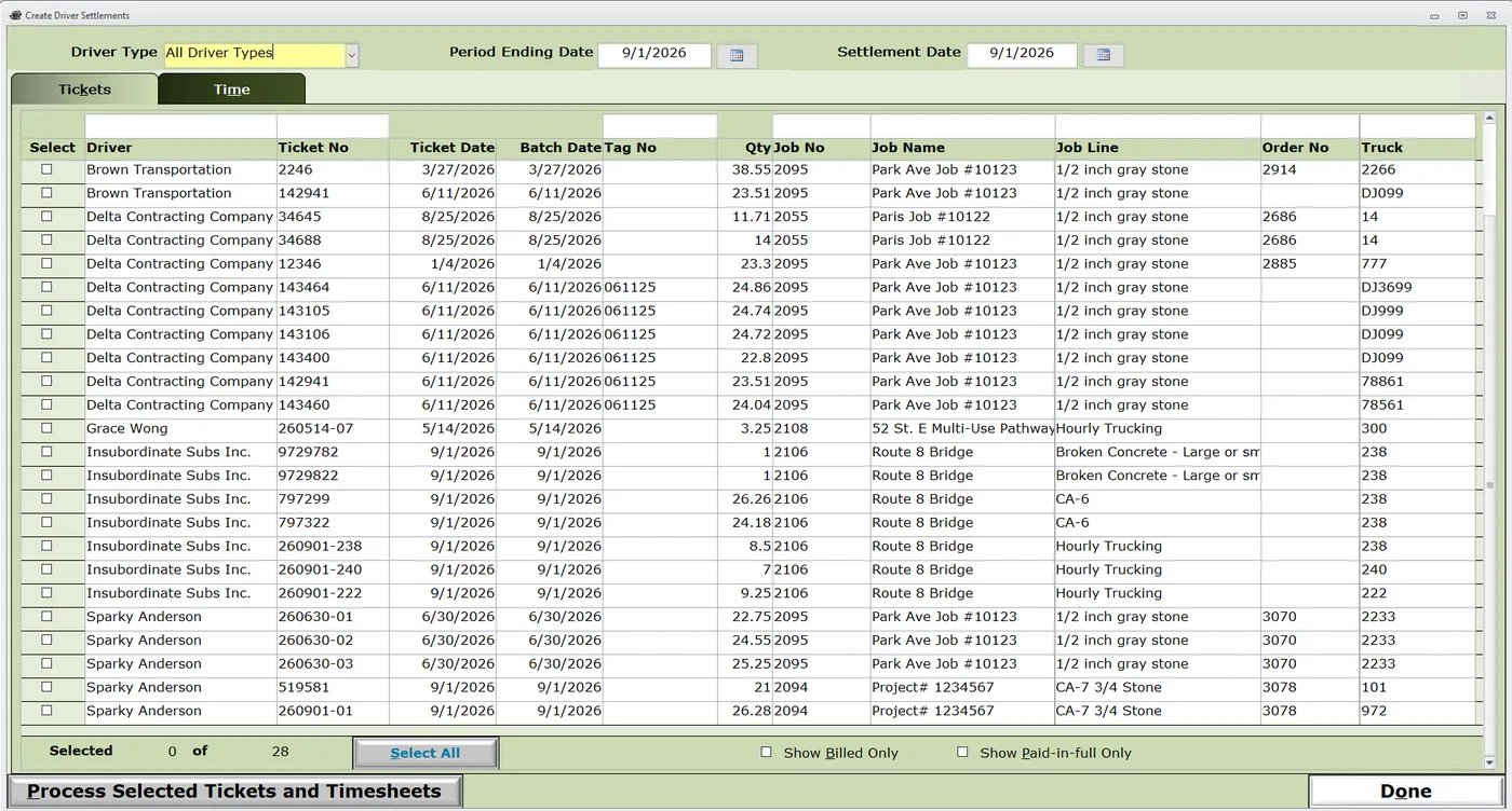 HaulWare Create Driver Settlements screen listing tickets ready to Process Selected Tickets and Timesheets