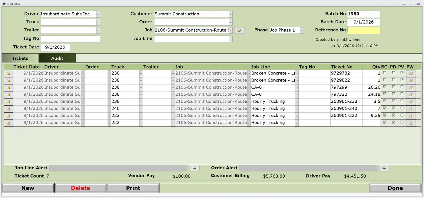 HaulWare Ticket Batch screen with driver, job, and ticket lines filled in for Summit Construction